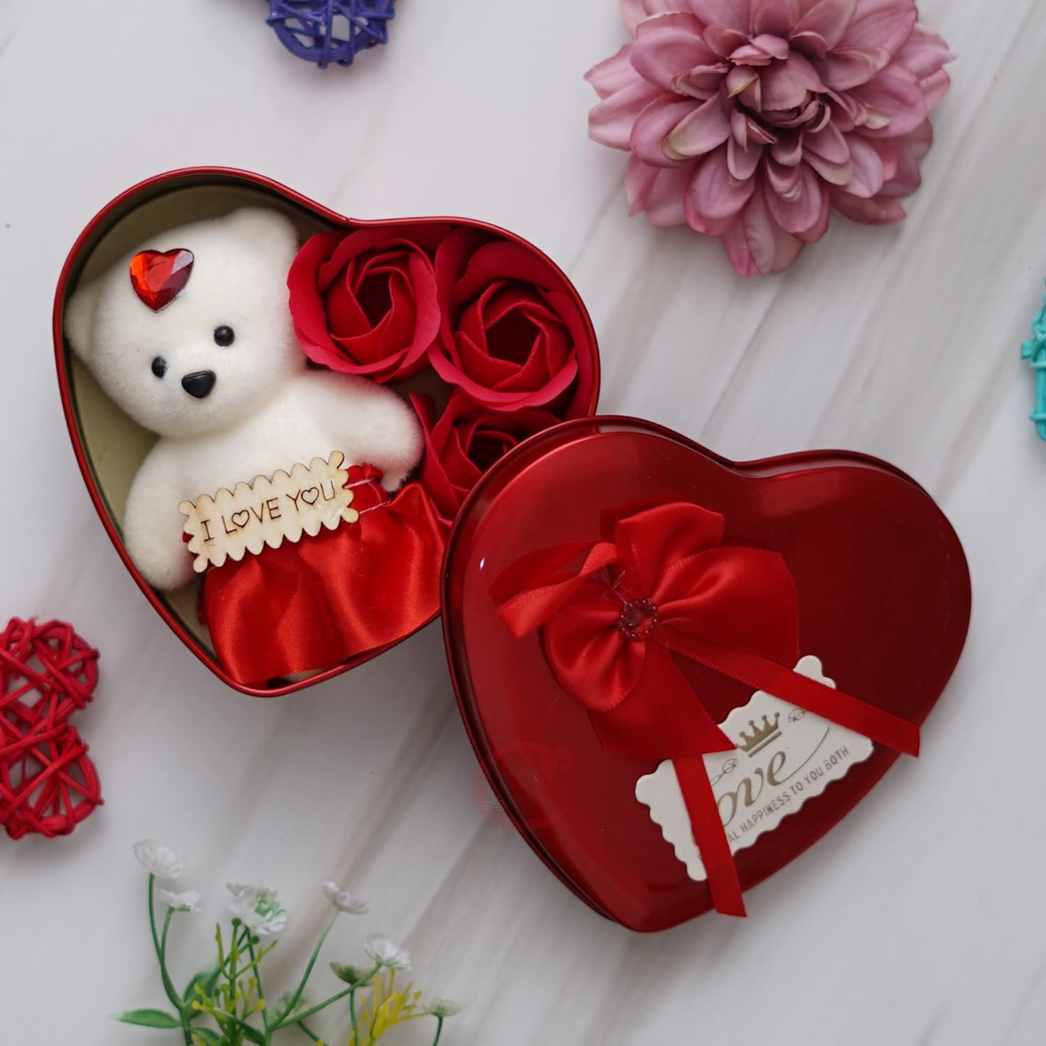 Heart Shaped Valentine's Day Gift Box with I Love You Message, White Teddy Bear, and 3 Red Roses- Gift for Husband, Wife, Girlfriend, Boyfriend - Suitable for Teddy Day, Anniversary