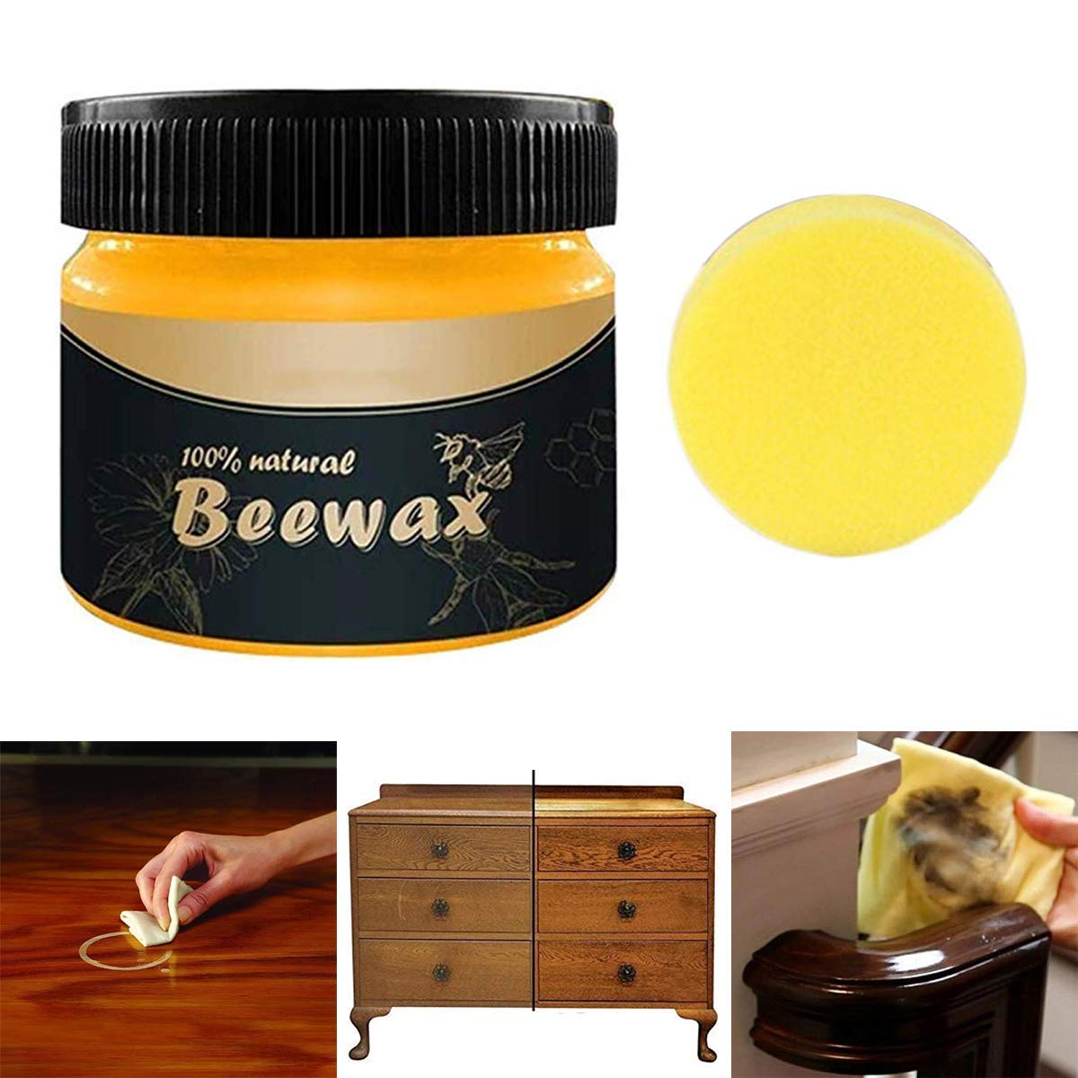 Premium Wood Seasoning Beewax, Traditional Beeswax Polish for Wood and Furniture, Natural beeswax Wood Cleaner and Polishing With Included Sponge for Furniture, Floor, Tables, Cabinets