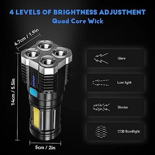 Rechargeable Flashlight,Super Bright LED Flashlight Waterproof Handheld Flashlight with 4 Modes for Camping Emergency 4-Core Illuminating The Darkness with Unparalleled Brilliance(Pack of 1)