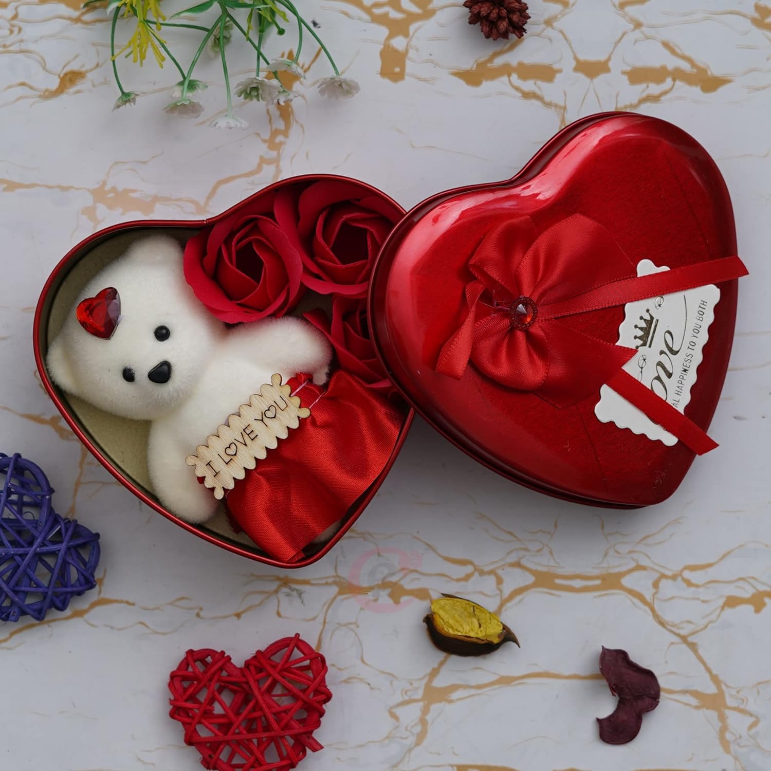 Heart Shaped Valentine's Day Gift Box with I Love You Message, White Teddy Bear, and 3 Red Roses- Gift for Husband, Wife, Girlfriend, Boyfriend - Suitable for Teddy Day, Anniversary