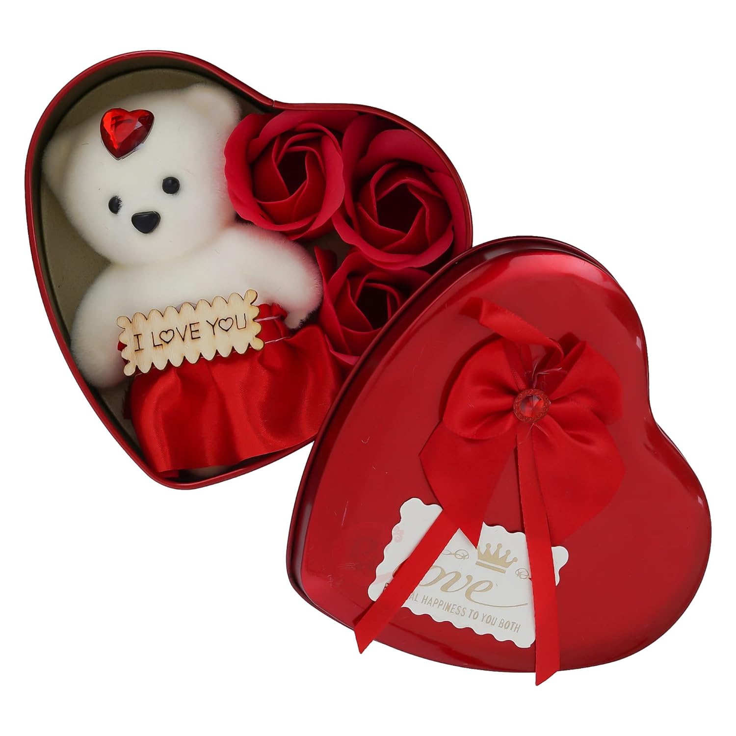 Heart Shaped Valentine's Day Gift Box with I Love You Message, White Teddy Bear, and 3 Red Roses- Gift for Husband, Wife, Girlfriend, Boyfriend - Suitable for Teddy Day, Anniversary