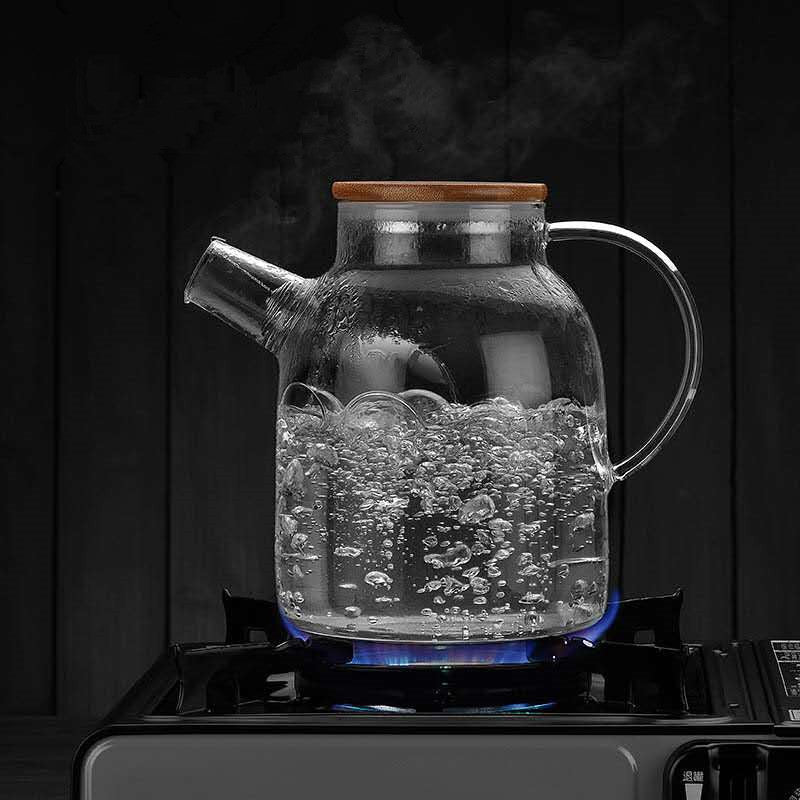 Glass Jug With Lid Ice Tea Water Jug Hot Water Ice Tea Drinking Beverage Jug, Water Jug Glass Material With Wooden Lid, 1.8 liter