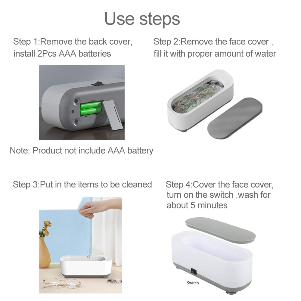 Ultrasonic Cleaner High Frequency Household Mini Portable Ultrasonic Vibration Cleaning Machine for Jewelry Eyeglasses Toothbrush Cosmetic Brush