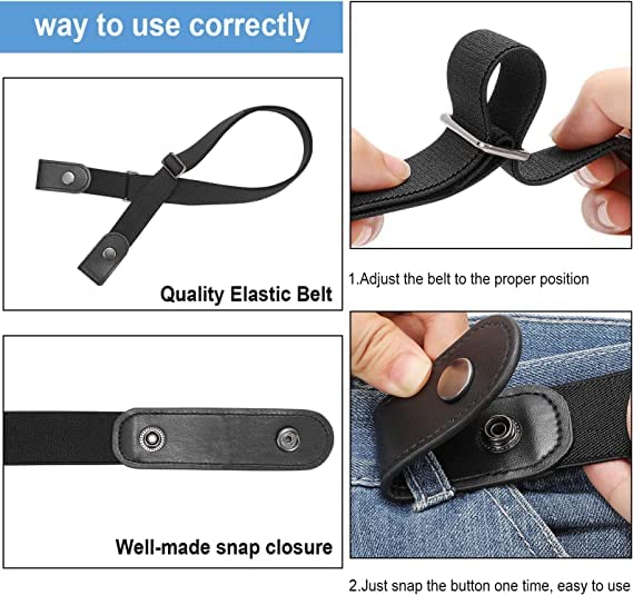 Buckle Free Elastic Belt for Women Jeans/Dresses, Ladies Belt for Jeans, Preassembled, Easy to Attach Preassembled (Black)