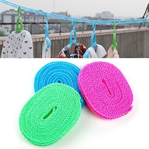 5 Meters Windproof Anti-Slip Clothes Washing Line Drying Nylon Rope with Hooks - Multicolor