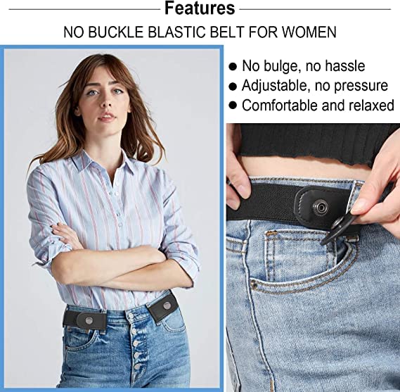 Buckle Free Elastic Belt for Women Jeans/Dresses, Ladies Belt for Jeans, Preassembled, Easy to Attach Preassembled (Black)