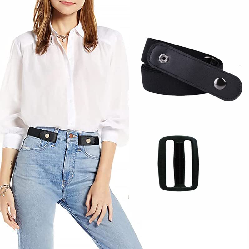 Buckle Free Elastic Belt for Women Jeans/Dresses, Ladies Belt for Jeans, Preassembled, Easy to Attach Preassembled (Black)