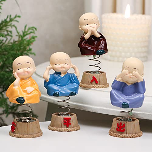 Decorative Set of 4 Peaceful Handcrafted Resin Spring Buddha Monk Idol Showpiece Figurine for Car Dashboard, Table Decor, Office/Home Decoration