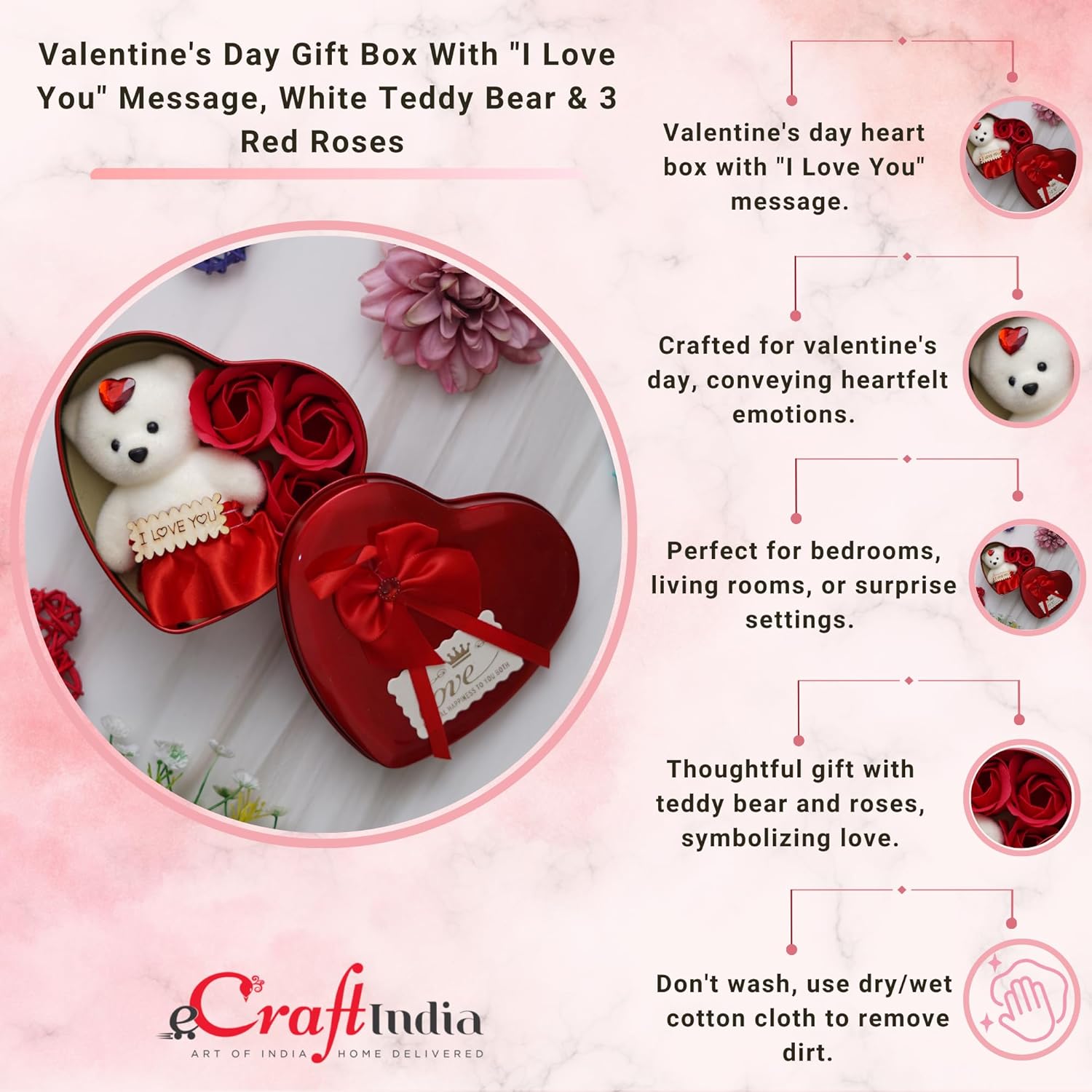 Heart Shaped Valentine's Day Gift Box with I Love You Message, White Teddy Bear, and 3 Red Roses- Gift for Husband, Wife, Girlfriend, Boyfriend - Suitable for Teddy Day, Anniversary