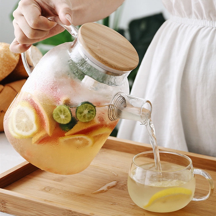 Glass Jug With Lid Ice Tea Water Jug Hot Water Ice Tea Drinking Beverage Jug, Water Jug Glass Material With Wooden Lid, 1.8 liter