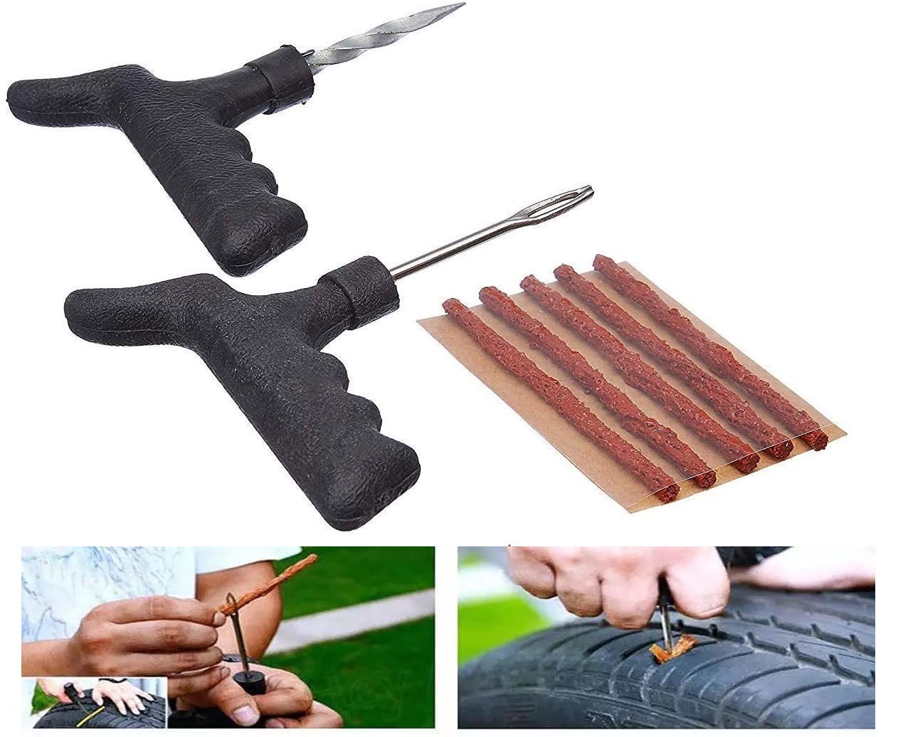 Tubeless Tire Tyre Puncture Kit with 10 Rubber Strips Repair Tool Kit for All Cars Bikes