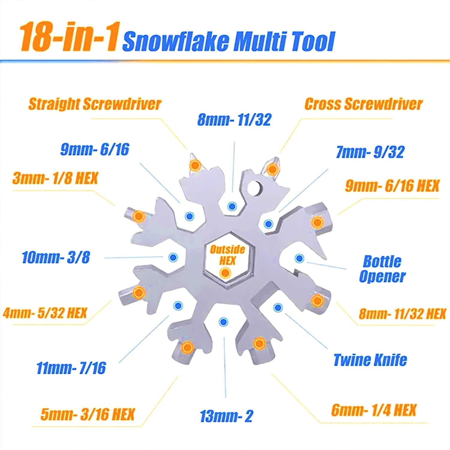 18 in 1 Stainless Steel Snowflake Multi Tool, Durable and Portable, Essential Key Chain, Pocket Bottle Opener, Pocket Wrench