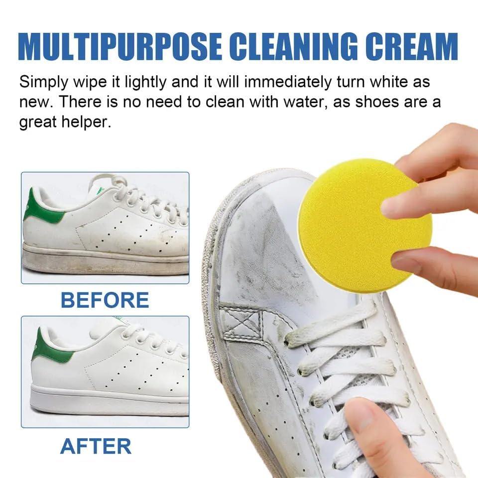 White Shoe Cleaner Cream with Sponge Instant Shoe Whitener for White Shoes No-Wash Shoe Cleaning Kit White Sneaker Cleaner White Shoe Polish Sneaker Cleaning Kit Shoe Eraser Stain Remover