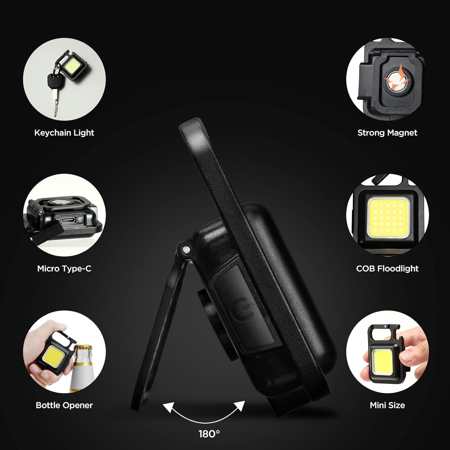 LED Mini COB Keychain and magentic Flashlight Portable USB Rechargeable Light 3 Light Modes with Folding Bracket,for Walking Camping（Square）