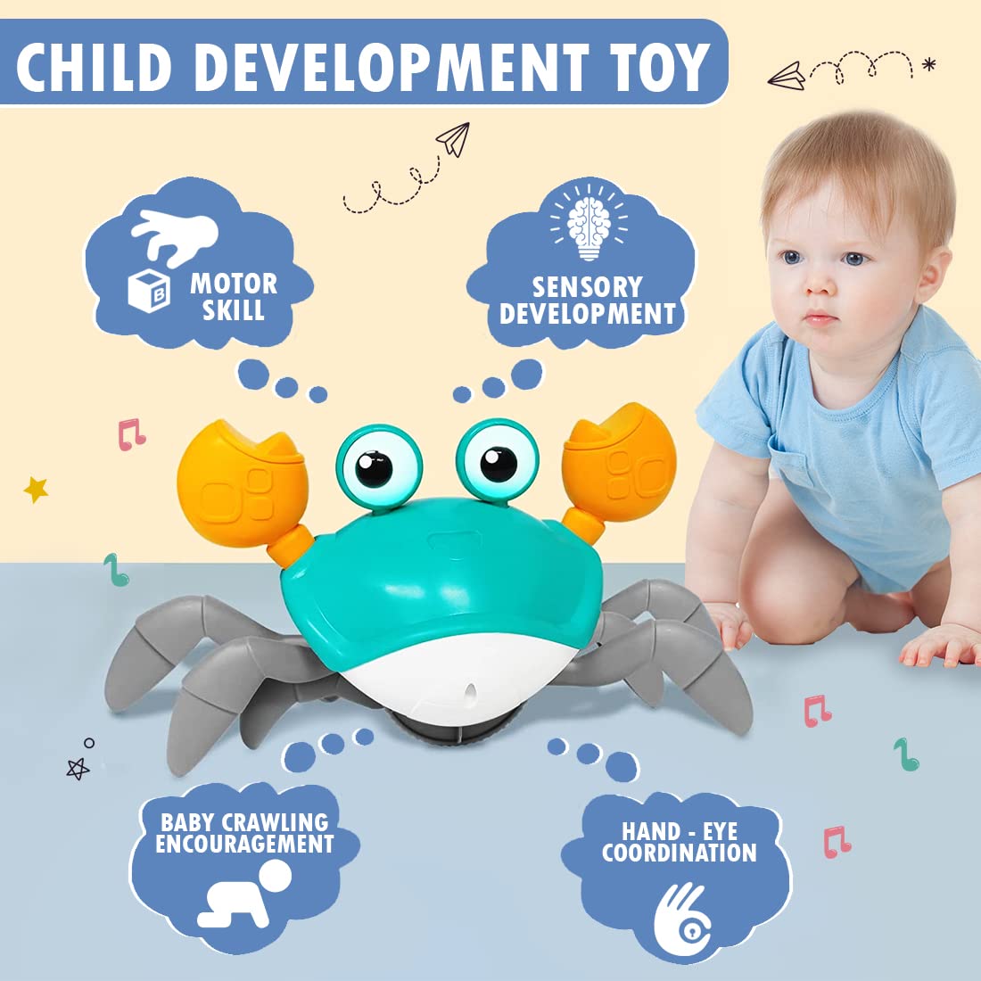 HOUSELY Crawling Crab Baby Toy for Kids Toddlers Infant Tummy Time Interactive Moving Toys for Babies 6-12 Months Electric Sensor Musical Dancing Walking Crab Toy Gift for Kids 1 2 3 Year Rechargeable