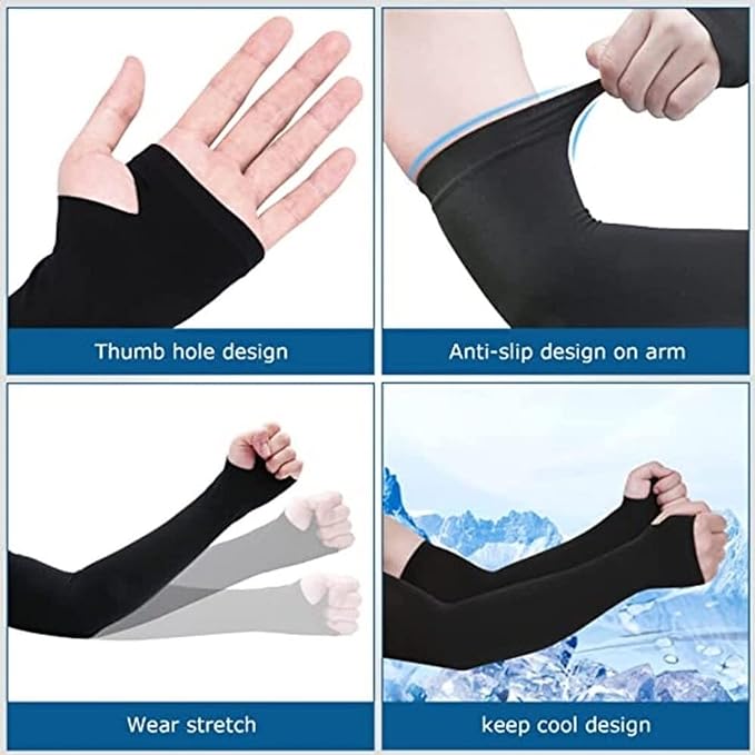 Black UV Tan Sunblock Protection with Thumb Hole Arm Sleeves, Outdoor Indoor Use Unisex Arm Sleeve for Men Women Children with Compression & Cooling Effect (Black)