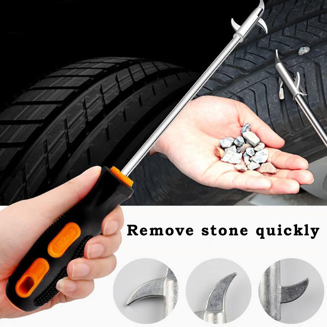 Car tyre Stone Remover Hooks, Solid Rubber Handle Rust-Resistance Motor Bike Wheel Protector Stone Hook, Tire Cleaning Hook, for Stainless Steel Tire Vehicle Multifunctional Stone Cleaning Tool