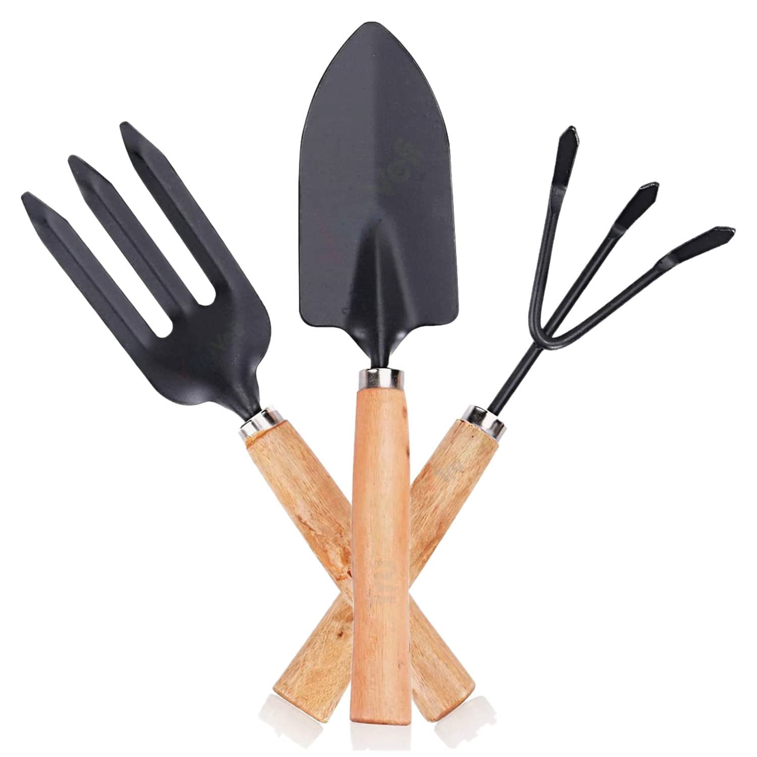 3 Pcs Mini Garden Tool Set Gardening Shovel, Gardening Tools kit Hand Cultivator, Small Trowel, Garden Fork, Spade, Rake with Wooden Handles