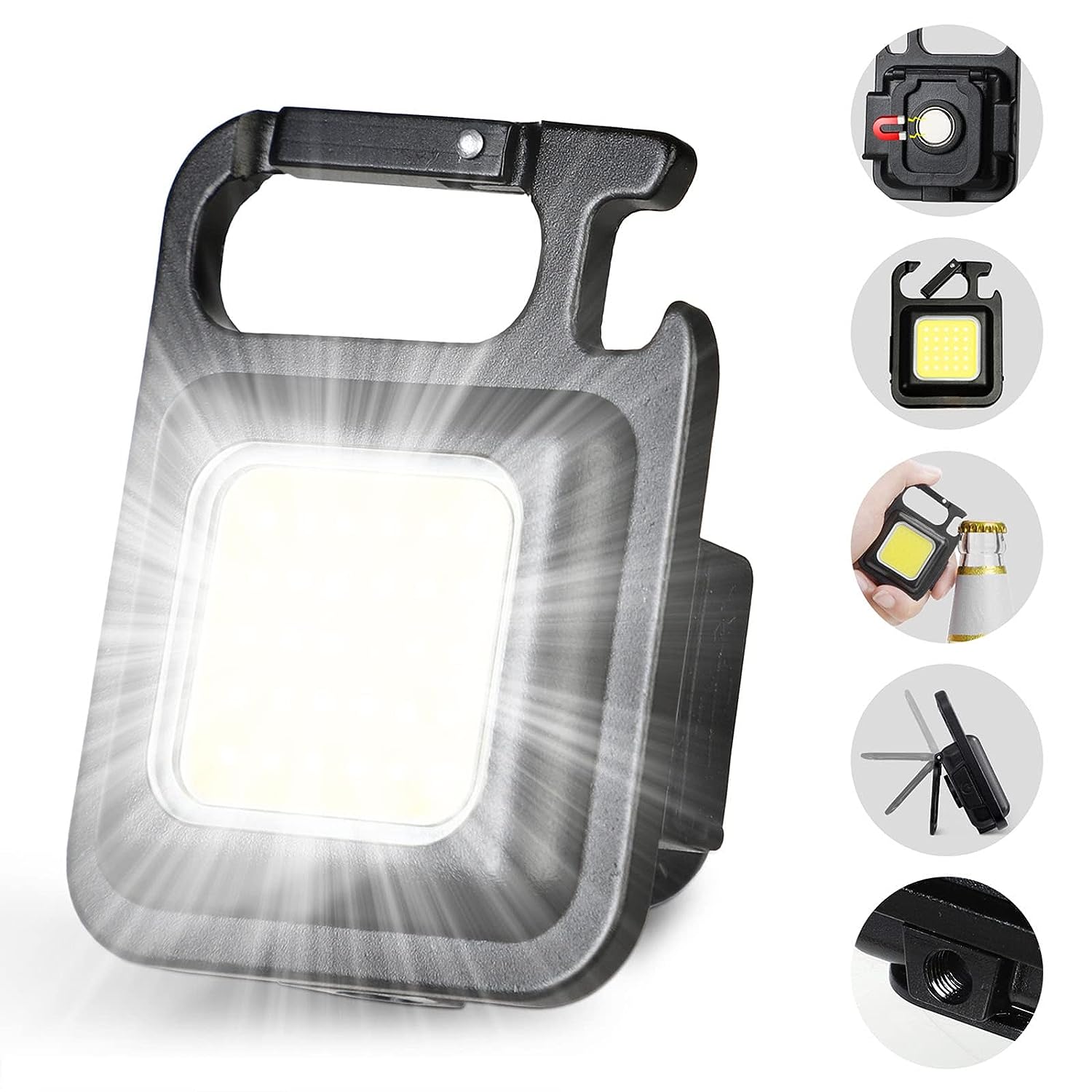 LED Mini COB Keychain and magentic Flashlight Portable USB Rechargeable Light 3 Light Modes with Folding Bracket,for Walking Camping（Square）