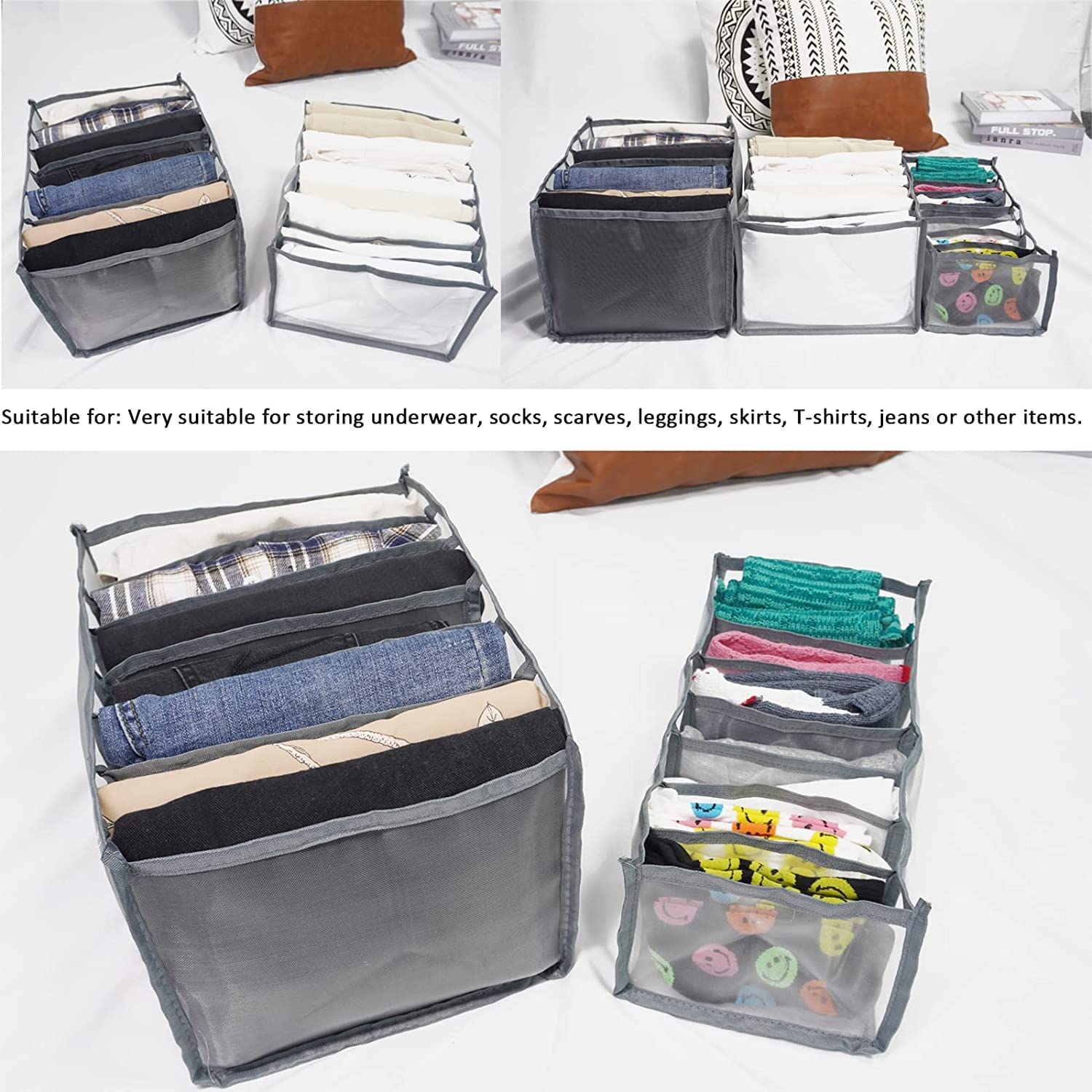 Wardrobe Clothes Organizer, 7 Grid Jeans Compartment Storage Box Foldable Closet Drawer Organizer Mesh Undewear Separation Box for for T-shirt,Legging,Skirts,Jeans,Kid Clothes