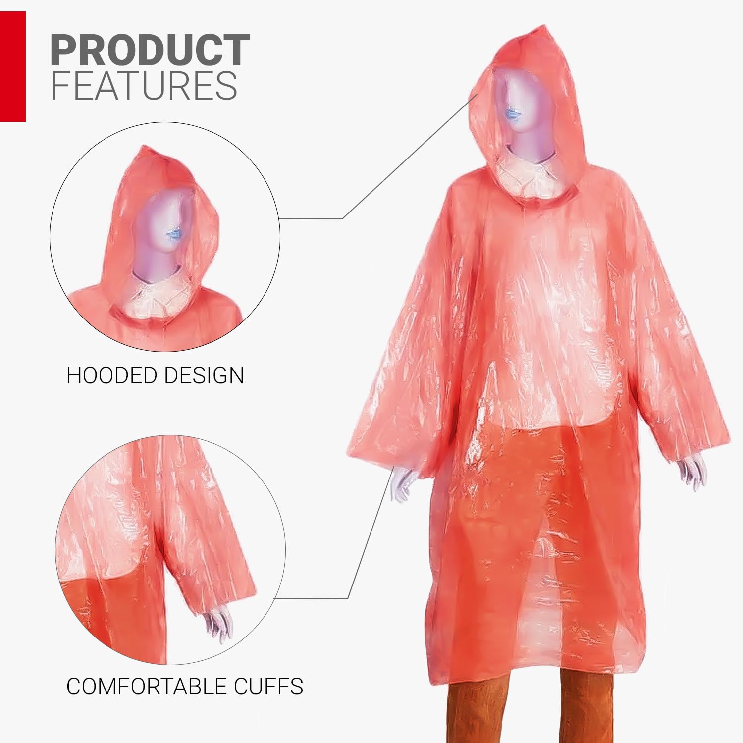 Disposable Raincoat Poncho with Hood Water Resistant Rainwear Barsaati for Outdoor Travel Men Women (Red, Pack of 1)