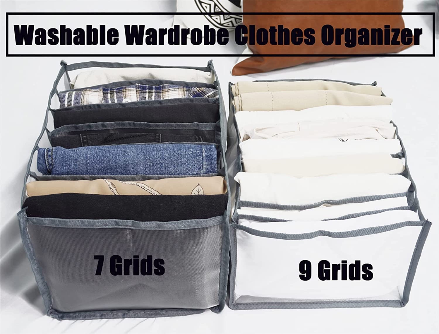 Wardrobe Clothes Organizer, 7 Grid Jeans Compartment Storage Box Foldable Closet Drawer Organizer Mesh Undewear Separation Box for for T-shirt,Legging,Skirts,Jeans,Kid Clothes