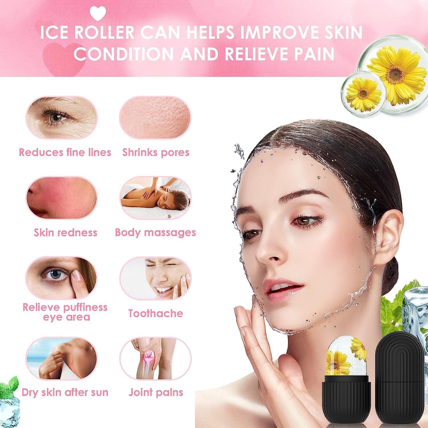 Ice Roller For Face & Eyes, Reusable Massage Silicone Beauty Tool, Naturally Conditioning And Skin Care, De-Puff Eye Bags, Reduce Migraine Pain (Black)