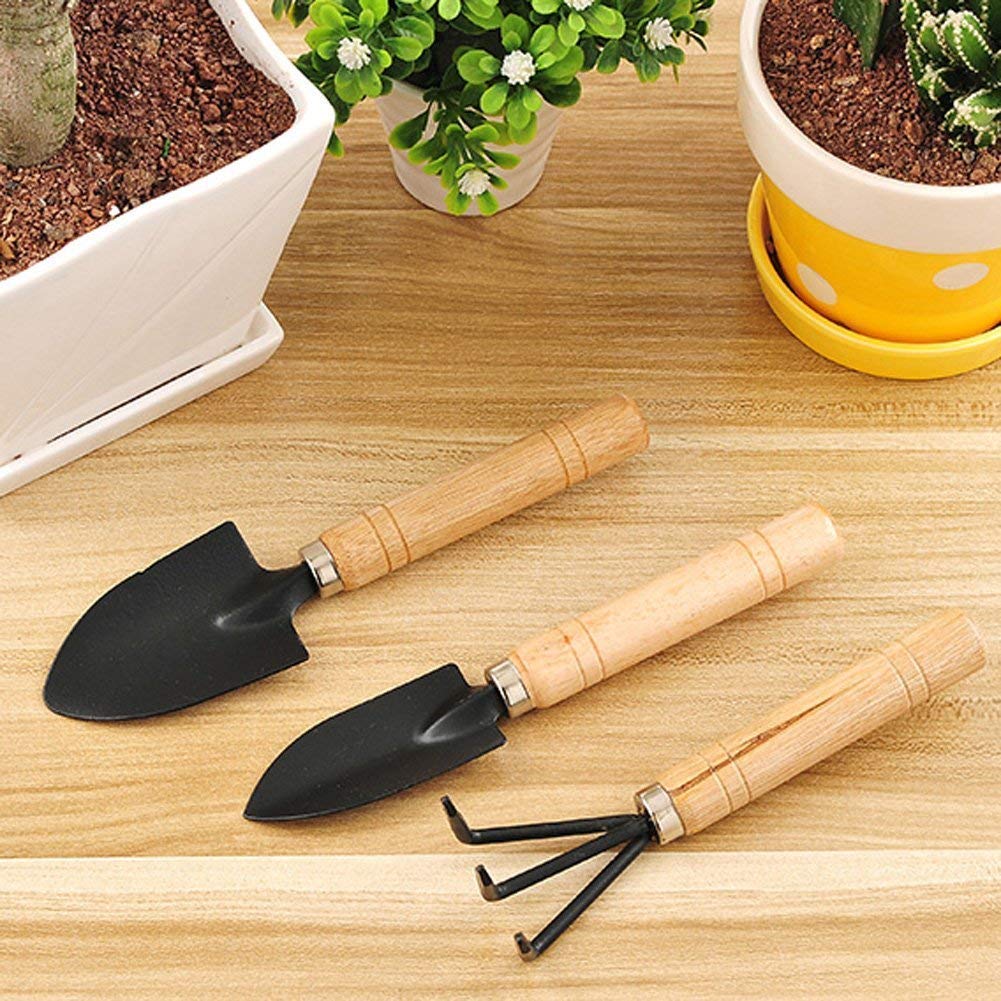 3 Pcs Mini Garden Tool Set Gardening Shovel, Gardening Tools kit Hand Cultivator, Small Trowel, Garden Fork, Spade, Rake with Wooden Handles