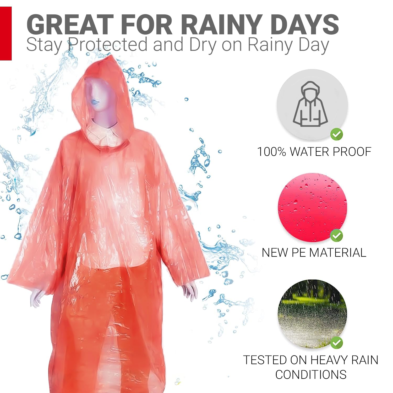 Disposable Raincoat Poncho with Hood Water Resistant Rainwear Barsaati for Outdoor Travel Men Women (Red, Pack of 1)