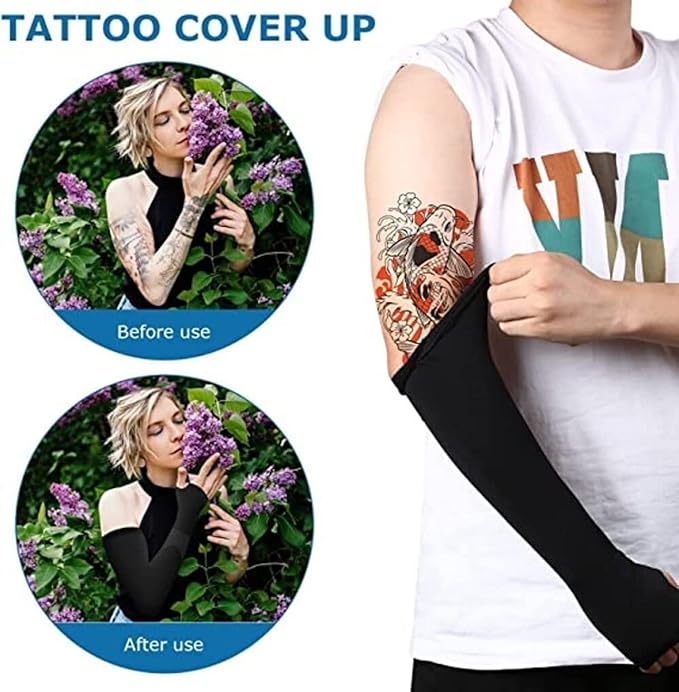 Black UV Tan Sunblock Protection with Thumb Hole Arm Sleeves, Outdoor Indoor Use Unisex Arm Sleeve for Men Women Children with Compression & Cooling Effect (Black)