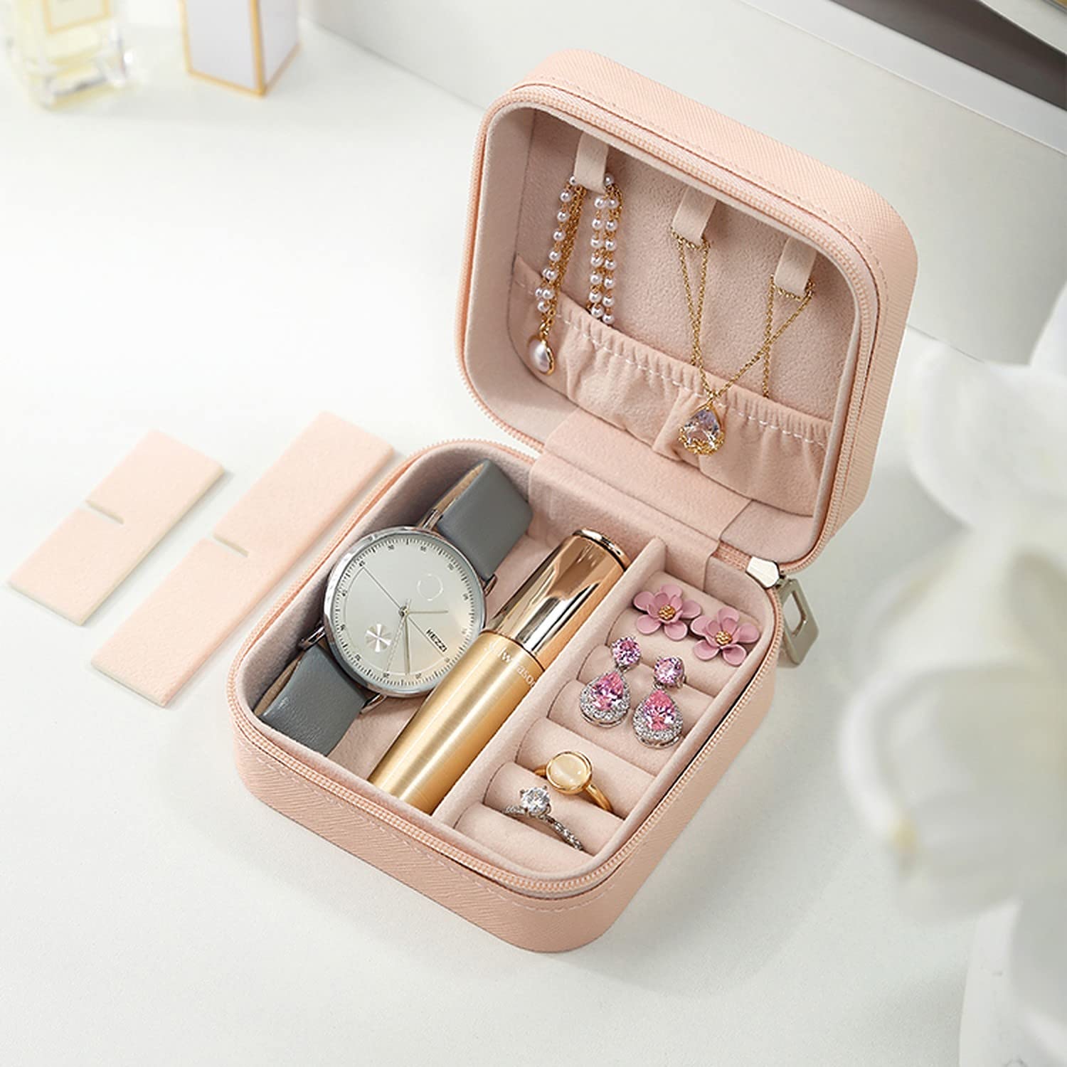 Jewellery Organiser PU Leather Zipper Portable Storage Box Case with Dividers Container for Rings, Earrings, Necklace Home Organizer