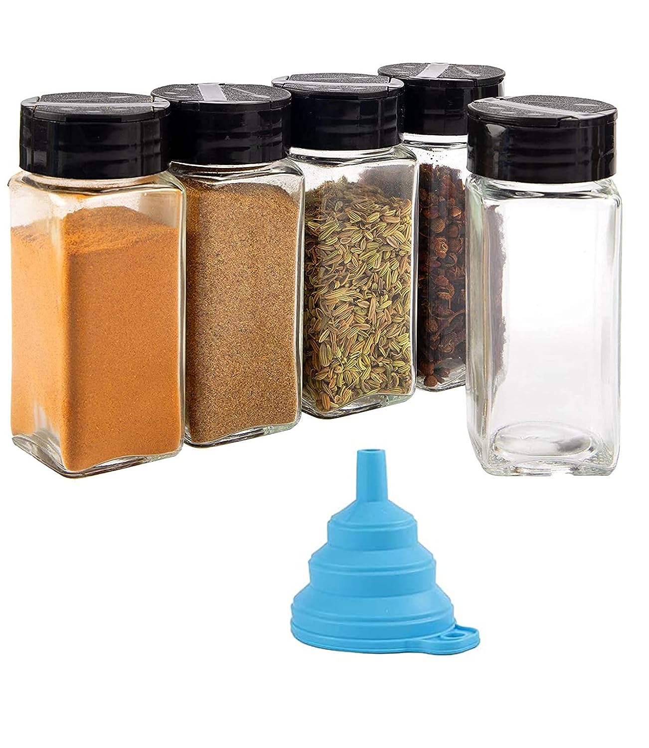 Spice Jar Glass Container For Storage Salt & Pepper With Silicone Funnel Square Kitchen Storage Glass Jar For Oregano And Chilly Flakes Dispener With Lid Set of 6