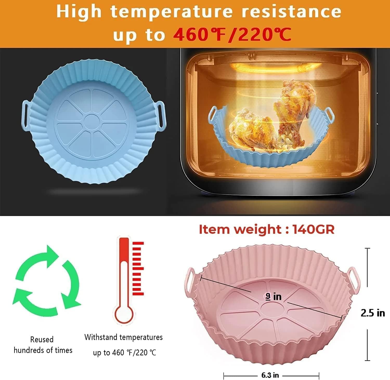 Air Fryer Reusable Silicone Non-Stick Silicone Air Fryer Liners With Ear Handles, Air Fryer Accessories, Round Air Fryer Oven Pot Foodgrade Silicone Heat Resistant (1- Psc), Medium