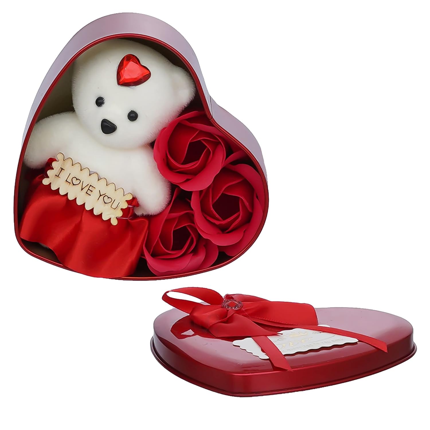 Heart Shaped Valentine's Day Gift Box with I Love You Message, White Teddy Bear, and 3 Red Roses- Gift for Husband, Wife, Girlfriend, Boyfriend - Suitable for Teddy Day, Anniversary