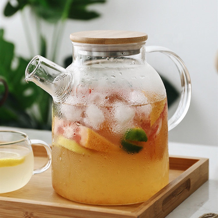 Glass Jug With Lid Ice Tea Water Jug Hot Water Ice Tea Drinking Beverage Jug, Water Jug Glass Material With Wooden Lid, 1.8 liter