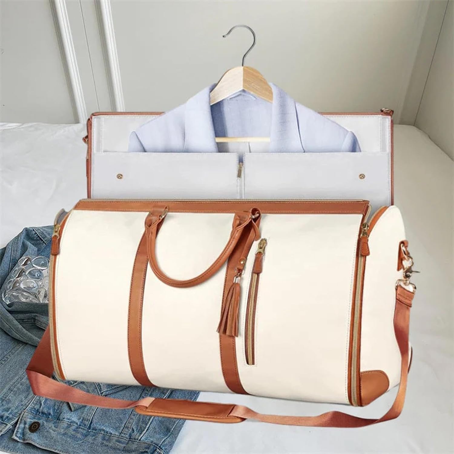 Travel Bags for Luggage Women's Duffle Bags for Travel PU Leather Foldable Bag for Travel Garment Luggage Bags for Travel Travel Bag for Men & Women Luggage Bags for Travelling Beige