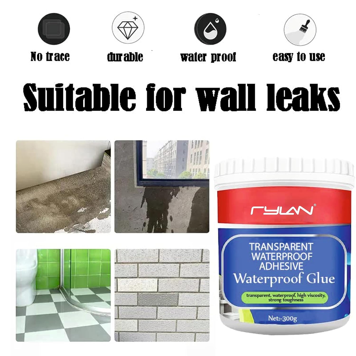 Crack Seal Glue 300gm with Brush Transparent Waterproof Glue for Roof Leakage Crack Seal Agent Roof Water Leakage Solution Water Proof Glue Transparent Glue Waterproofing for Pipe Wall Tiles