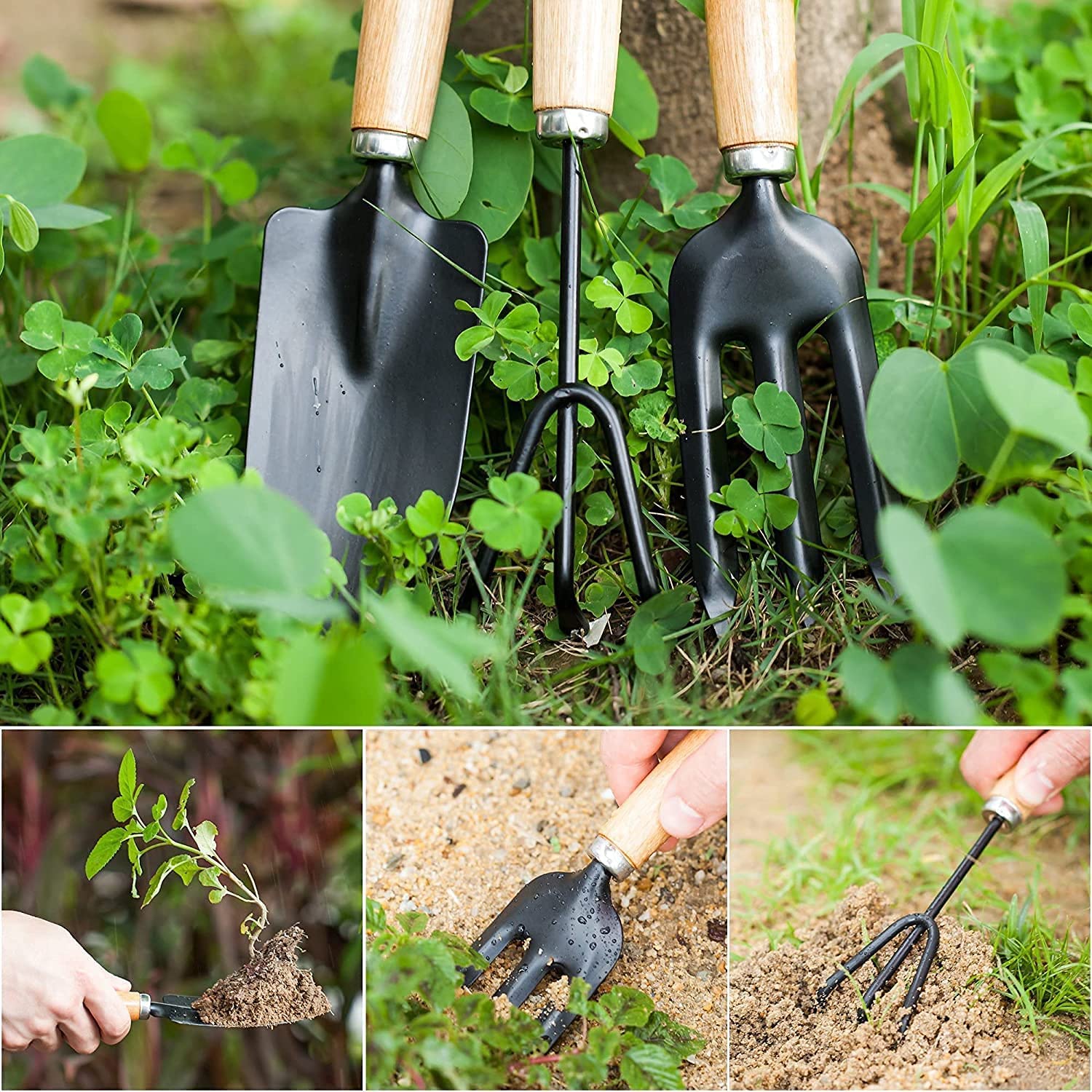 3 Pcs Mini Garden Tool Set Gardening Shovel, Gardening Tools kit Hand Cultivator, Small Trowel, Garden Fork, Spade, Rake with Wooden Handles