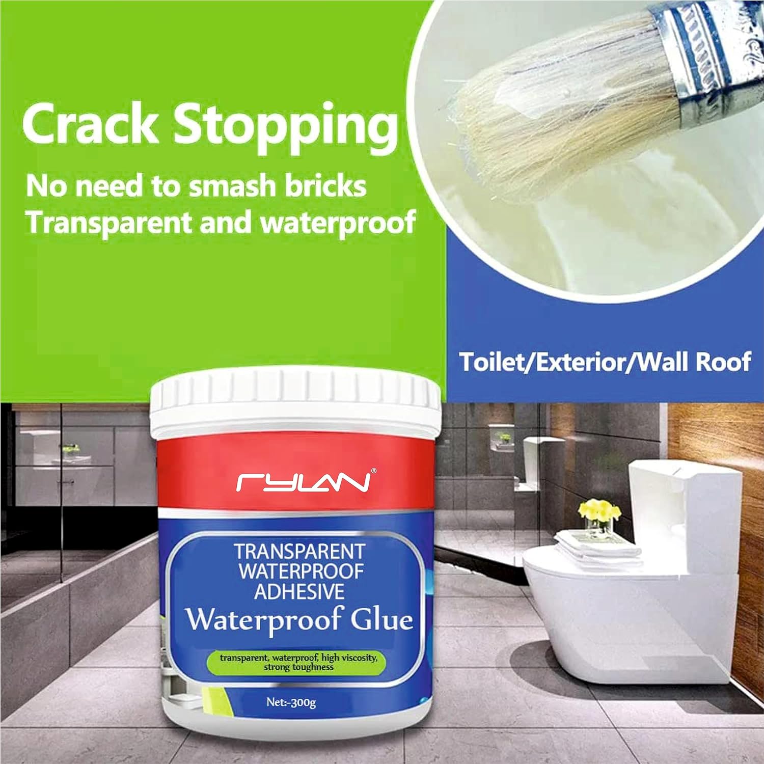 Crack Seal Glue 300gm with Brush Transparent Waterproof Glue for Roof Leakage Crack Seal Agent Roof Water Leakage Solution Water Proof Glue Transparent Glue Waterproofing for Pipe Wall Tiles