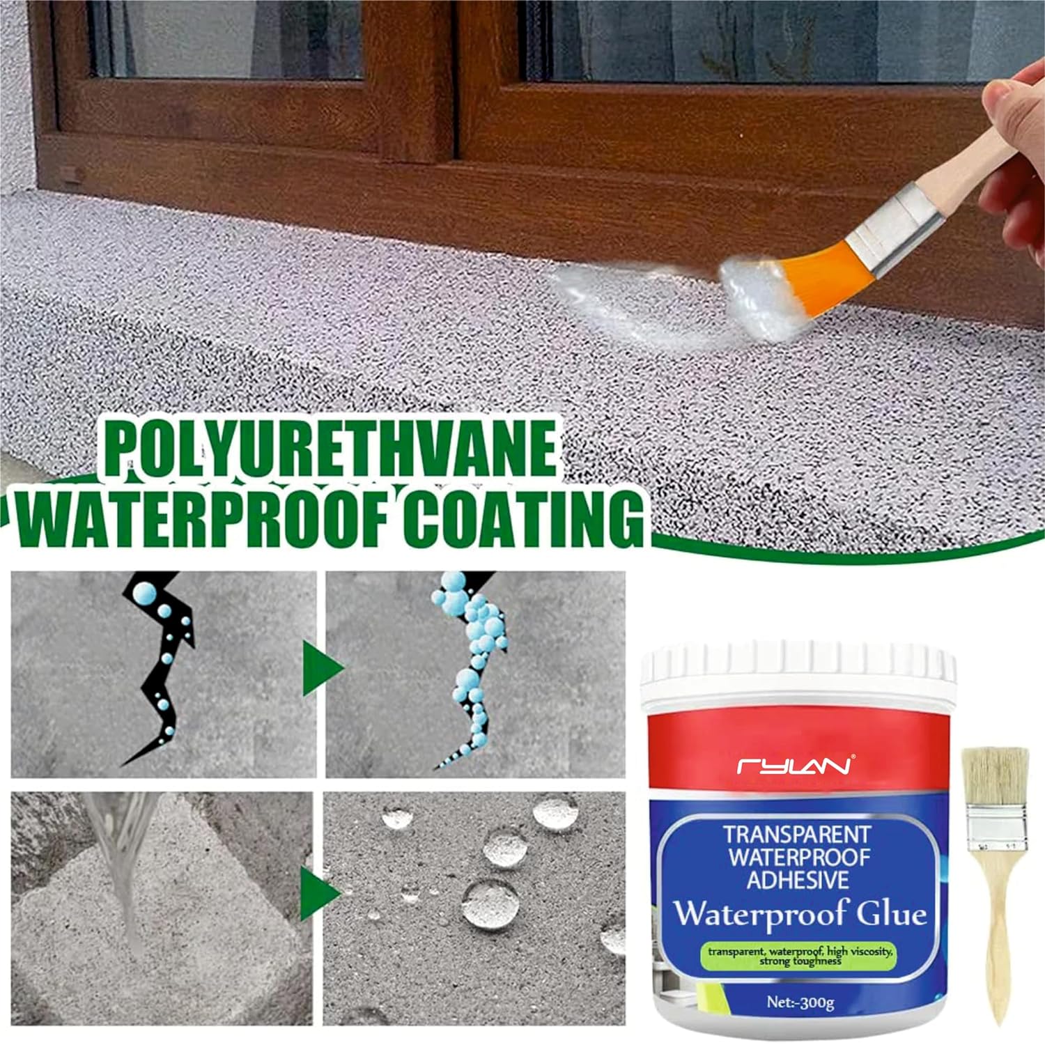 Crack Seal Glue 300gm with Brush Transparent Waterproof Glue for Roof Leakage Crack Seal Agent Roof Water Leakage Solution Water Proof Glue Transparent Glue Waterproofing for Pipe Wall Tiles