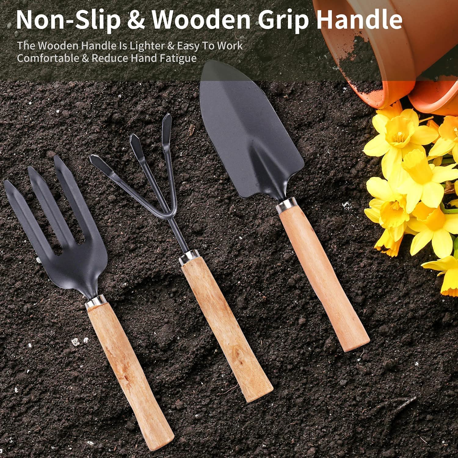 3 Pcs Mini Garden Tool Set Gardening Shovel, Gardening Tools kit Hand Cultivator, Small Trowel, Garden Fork, Spade, Rake with Wooden Handles