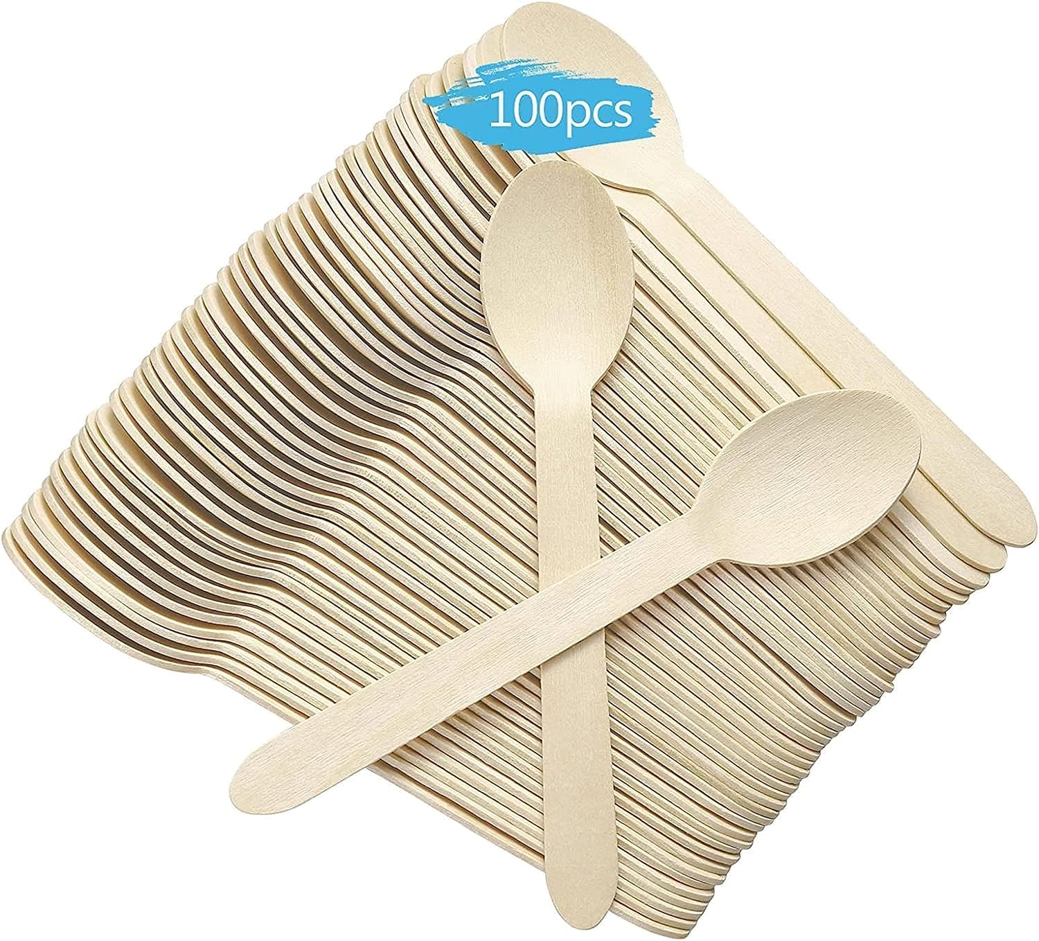 Disposable Wooden Spoon, Biodegradable Eco Friendly Ice Cream Coffee Dessert Tea Spoon for Parties, Office and Travel Usage, 11cm Length, Set of 100 Pieces